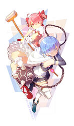  2girls ahoge arrow_(projectile) blue_eyes blue_hair bow broom chains commentary_request cosplay eyes_visible_through_hair gloves hair_ornament hair_over_one_eye hairbow kaname_madoka kaname_madoka_(cosplay) kaname_madoka_(magical_girl) linfi-muu magical_girl mahou_shoujo_madoka_magica mahou_shoujo_madoka_magica_(anime) md5_mismatch miki_sayaka miki_sayaka_(cosplay) miki_sayaka_(magical_girl) multiple_girls pink_hair ram_(re:zero) re:zero_kara_hajimeru_isekai_seikatsu red_bow red_eyes rem_(re:zero) resolution_mismatch short_hair siblings sisters source_larger thighhighs twins twintails weapon white_gloves white_legwear x_hair_ornament 