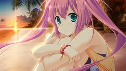  beach blue_eyes game_cg koisuru_natsu_no_last_resort long_hair mottsun pink_hair pulltop sunset tsukumi_sango twintails 