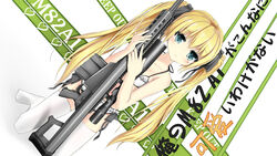  anti-materiel_rifle barrett_m82 blonde_hair bra can&#039;t_be_this_cute commentary_request female green_eyes gun hagi_(ame_hagi) highres long_hair looking_at_viewer mecha_musume original panties personification rifle side-tie_panties sniper_rifle solo thighhighs translated twintails underwear underwear_only upotte!! weapon white_bra white_panties white_thighhighs 