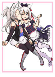  2girls absurdres animal_ears apron azur_lane bare_shoulders black_bow black_dress black_jacket black_thighhighs blue_bow blush boots bow cat_ears closed_eyes closed_mouth detached_sleeves dress frilled_dress frills green_eyes grey_footwear grey_hair hair_between_eyes hair_ribbon hairbow hammann_(azur_lane) hammann_(retrofit)_(azur_lane) hand_up highres holding_hands j_young jacket kissing kissing_cheek knee_boots long_hair long_sleeves md5_mismatch multiple_girls one_eye_closed one_side_up open_clothes open_jacket open_mouth puffy_short_sleeves puffy_sleeves red_ribbon ribbon short_sleeves sims_(azur_lane) strapless strapless_dress thighhighs very_long_hair waist_apron white_apron white_dress white_thighhighs wrist_cuffs yuri 