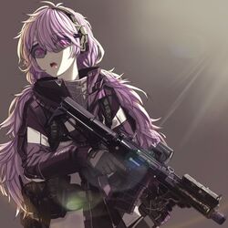  absurdres ar-15 assault_rifle belt commentary_request female gloves gun headset highres holding holding_gun holding_weapon jacket korean_commentary laser_sight long_sleeves magazine_(weapon) mawl-c1 mixed-language_commentary nurim original purple_eyes purple_hair rifle safety_glasses simple_background strap weapon 