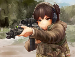  aiming alternate_costume ar-15 assault_rifle bad_id bad_pixiv_id brown_eyes brown_hair c-clamp camouflage chris_costa commentary ear_protection female flashlight genso gun headset kaga_(kancolle) kantai_collection leupold_optics load_bearing_vest magpul military_operator parody real_life rifle scope short_hair side_ponytail solo weapon 