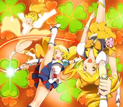  3girls :o alternate_form blonde_hair blue_skirt bow bowtie brooch commentary_request cure_honey cure_honey_(popcorn_cheer) hairbow happinesscharge_precure! heart heart_brooch henshin highres jewelry kicking long_hair magical_girl md5_mismatch multicolored_clothes multicolored_skirt multiple_girls multiple_persona oomori_yuuko precure skirt smile twintails upside-down waist_bow wand wide_ponytail wrist_cuffs yellow_eyes yellow_skirt yuto_(dialique) 