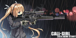  aiming assault_rifle blonde_hair blue_eyes call_of_duty commentary_request covered_mouth english_text female gun h&amp;k_sl8 hagi_(ame_hagi) headset heckler_&amp;_koch highres long_hair long_sleeves mask original rain rifle scarf solo suppressor twintails weapon 