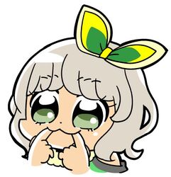  :3 bkub bow commentary_request cropped_shoulders dot_nose eyelashes female finger_in_own_mouth fur_trim green_bow green_eyes grey_hair hairbow multicolored_bow portrait pretty_series pripara short_hair simple_background solo taiyo_pepper white_background yellow_bow 