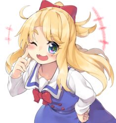  +++ :3 ;3 ;d blonde_hair blue_eyes blush bow collarbone commentary_request dress female finger_to_cheek floating_hair hairbow hand_on_own_hip highres himesaka_noa leaning_forward long_sleeves one_eye_closed open_mouth panda_inu red_bow sailor_dress school_uniform serafuku smile solo star_(symbol) star_in_eye symbol_in_eye thick_eyebrows watashi_ni_tenshi_ga_maiorita! white_background 