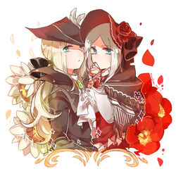  2girls ascot blonde_hair bloodborne blue_eyes commentary covered_mouth flower gem hair_flower hair_ornament hair_ribbon hat highres lady_maria_of_the_astral_clocktower long_hair looking_at_viewer maou_skun multiple_girls petals plain_doll ponytail ribbon rose rose_petals sunflower white_hair 