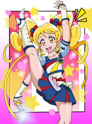  alternate_form arm_up blonde_hair blue_skirt boots brown_eyes commentary_request cure_honey cure_honey_(popcorn_cheer) earrings female happinesscharge_precure! highres jewelry kicking knee_boots long_hair magical_girl miniskirt oomori_yuuko photoshop_(medium) precure puffy_sleeves shiny_skin skirt smile solo star_(symbol) twintails wand watosonshi wrist_cuffs 