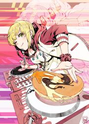  ;q abstract_background artist_name blonde_hair breasts cable cleavage commentary_request dj drawstring duplicate eyelashes female fingernails food fork green_eyes head_tilt headphones headphones_around_neck holding holding_fork hood hood_down hoodie idolmaster idolmaster_cinderella_girls leaning_forward long_fingernails long_sleeves looking_at_viewer miyamoto_frederica nail_polish one_eye_closed open_clothes open_hoodie pancake phonograph pink_nails record scrunchie short_hair smile solo tongue tongue_out turntable usui_ryuu wrist_scrunchie zoom_layer 