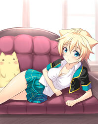  blonde_hair blue_eyes couch feline female gj-bu kirara_bernstein lying masakichi_(crossroad) on_side school_uniform short_hair stuffed_animal stuffed_toy 