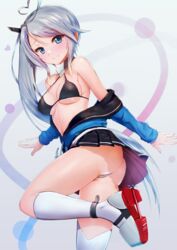  :3 ahoge anchor ass azur_lane bare_shoulders bikini bikini_top_only black_bikini black_skirt blue_eyes blue_jacket blush breasts breasts_apart closed_mouth commentary_request female grey_hair hair_ornament halterneck heart heart-shaped_pupils heart_ahoge highres jacket kneehighs leg_up long_hair long_sleeves looking_at_viewer medium_breasts miniskirt navel off_shoulder panties pleated_skirt portland_(azur_lane) portland_(retrofit)_(azur_lane) rudder_footwear side_ponytail sidelocks skirt smile socks solo standing standing_on_one_leg stomach swimsuit symbol-shaped_pupils underwear very_long_hair west_24 white_panties white_socks 