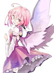  ahoge animal_ears arm_garter back_cutout bird_ears blush boots clothing_cutout commentary_request dress female head_tilt juliet_sleeves kuroneko_no_toorimichi long_sleeves looking_at_viewer mystia_lorelei open_mouth pink_eyes pink_hair puffy_sleeves short_hair simple_background smile solo touhou white_background wings 