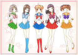  5girls arms_behind_back bad_id bad_pixiv_id bare_legs bishoujo_senshi_sailor_moon blonde_hair blue_choker blue_footwear blue_sailor_collar boots brown_eyes brown_hair camcorder cardcaptor_sakura choker circlet closed_eyes company_connection cosplay cross-laced_footwear daidouji_tomoyo drill_hair elbow_gloves framed glasses gloves green_choker green_eyes green_footwear green_sailor_collar grey_eyes grey_hair hair_ribbon high_heel_boots high_heels hoshi_no_tsue inner_senshi kinomoto_sakura knee_boots kodansha long_hair magical_girl mihara_chiharu miniskirt multiple_girls one_eye_closed open_mouth orange_choker orange_sailor_collar pleated_skirt purple_hair red_choker red_footwear red_sailor_collar ribbon sailor_collar sailor_jupiter sailor_jupiter_(cosplay) sailor_mars sailor_mars_(cosplay) sailor_mercury sailor_mercury_(cosplay) sailor_moon sailor_moon_(cosplay) sailor_senshi sailor_senshi_uniform sailor_venus sailor_venus_(cosplay) sasaki_rika satoyama skirt smile star_(symbol) starry_background strappy_heels tiara trait_connection twin_drills twintails video_camera white_gloves yanagisawa_naoko 