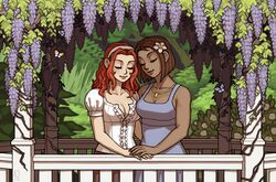  2girls breasts brown_hair butterfly cleavage closed_eyes dark_skin emlan flower gazebo hair_flower hair_ornament hairband hand_holding heather_(krekka) highres jewelry michelle_(krekka) multiple_girls necklace original red_hair smile wisteria yuri 