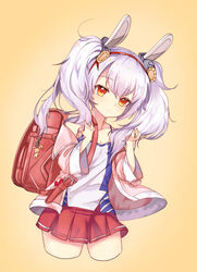  absurdres animal_ears azur_lane backpack bag bare_shoulders camisole collarbone commentary_request cropped_legs echu female fingernails gradient_background hair_between_eyes hair_ornament hairband highres holding holding_own_hair jacket laffey_(azur_lane) leaning_to_the_side long_hair long_sleeves looking_at_viewer off_shoulder open_clothes open_jacket orange_background pink_jacket pleated_skirt rabbit_ears randoseru red_eyes red_hairband red_skirt skirt solo twintails white_camisole white_hair wide_sleeves 