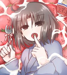  black_hair blue_kimono commentary_request eating female food fruit japanese_clothes kara_no_kyoukai kimono looking_at_viewer ohitashi_netsurou ryougi_shiki short_hair solo strawberry 