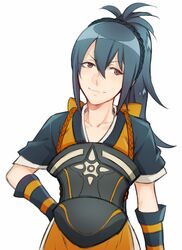  armor blue_hair breastplate brown_eyes commentary_request craneace elbow_gloves eyebrows female fire_emblem fire_emblem_fates gloves hair_between_eyes hand_on_own_hip head_tilt long_hair oboro_(fire_emblem) ponytail simple_background solo upper_body white_background 