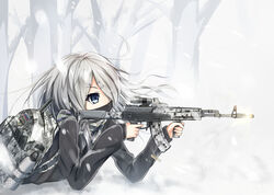  aiming ak-12 assault_rifle backpack bag blue_eyes bottle casing_ejection commentary_request eotech female firing gun hagi_(ame_hagi) highres kalashnikov_rifle long_hair muzzle_device muzzle_flash original rifle russian_flag shell_casing silver_hair snowing solo vertical_foregrip water_bottle weapon 