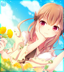  1boy akaimo_satsuma blush commentary_request dandelion flower goma_(11zihisin) hand_on_own_cheek hand_on_own_face head_rest male_focus original otoko_no_ko outdoors photoshop_(medium) solo 