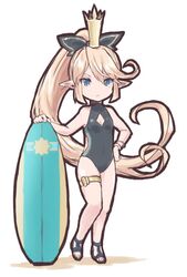  :&lt; bad_id bad_twitter_id black_bow black_one-piece_swimsuit blonde_hair blue_eyes bow bracelet breasts charlotta_(granblue_fantasy) cleavage cleavage_cutout clothing_cutout crown female full_body granblue_fantasy hair_up hairbow harvin high_ponytail jewelry long_hair one-piece_swimsuit pointy_ears sandals sherad simple_background small_breasts solo standing surfboard swimsuit thigh_strap white_background 