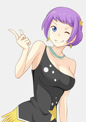  blue_eyes breasts carina_(one_piece) cleavage commentary earrings female grey_background hair_bun jack-barro jewelry large_breasts necklace one_eye_closed one_piece one_piece_film:_gold purple_hair simple_background single_hair_bun solo star_(symbol) teeth 