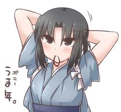  adjusting_hair arms_up black_hair blue_kimono blush commentary_request female japanese_clothes kara_no_kyoukai kimono obi ohitashi_netsurou ryougi_shiki sash short_hair simple_background solo tasuki translated tying_hair white_background 