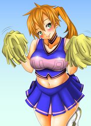  adahcm bare_shoulders blue_clothes boku_no_hero_academia cheerleader female gradient_background green_eyes kendou_itsuka midriff orange_hair pom_poms shiny shiny_skin side_ponytail smile solo standing sweatdrop 