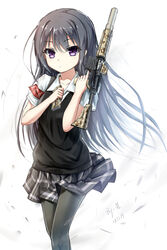  absurdres armband artist_name assault_rifle black_hair black_pantyhose camouflage commentary_request dated digital_camouflage eotech female folding_stock gun hagi_(ame_hagi) highres long_hair looking_at_viewer m4_carbine original pantyhose purple_eyes reloading rifle signature skirt solo suppressor sweater_vest trigger_discipline weapon 