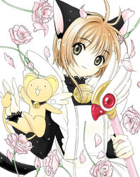  alternate_costume animal_ears apron bad_id bad_pixiv_id bell brown_hair cardcaptor_sakura cat_ears cat_tail enmaided fake_animal_ears fake_tail female flower fuuin_no_tsue jingle_bell kero_(cardcaptor_sakura) kinomoto_sakura kinomoto_sakura_(pink_kitty_costume) maid petals rose rose_petals satoyama smile tail upper_body white_background 