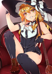  adapted_costume ankle_boots arm_garter arm_up armchair bad_id bad_pixiv_id bare_shoulders black_gloves black_hat black_legwear black_shorts black_vest blonde_hair blush boots bow bowtie broom brown_footwear center_frills chair chiha_(abo_ecm_mk25) commentary_request cross-laced_footwear female frills gloves grin hair_between_eyes half_gloves hand_on_headwear hat hat_bow head_tilt highres kirisame_marisa knee_up lace-up_boots long_hair looking_at_viewer parted_lips partially_fingerless_gloves shirt short_shorts shorts sitting sleeveless sleeveless_shirt smile solo teeth thighs touhou vest white_bow white_bowtie white_hat white_shirt yellow_eyes 