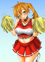  adahcm bare_shoulders boku_no_hero_academia cheerleader female gradient_background green_eyes kendou_itsuka midriff orange_hair pom_poms red_clothes shiny shiny_skin side_ponytail smile solo standing sweatdrop 