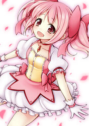  :d bow bubble_skirt choker commentary_request female gloves hairbow highres kaname_madoka kaname_madoka_(magical_girl) mahou_shoujo_madoka_magica mahou_shoujo_madoka_magica_(anime) open_mouth petals photoshop_(medium) pink_eyes pink_hair puffy_sleeves skirt smile solo soul_gem twintails uzu_hi white_gloves 