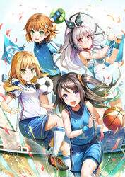  4girls animal_ear_headphones animal_ears ann_(krt_girls) ball basketball basketball_(object) black_gloves black_hair blonde_hair blush bowling bowling_ball breasts brown_hair closed_mouth commentary_request emilia_(krt_girls) fake_animal_ears gloves green_eyes hair_ornament hairclip headphones himonoata holding holding_ball kneehighs krt_girls long_hair medium_breasts medium_hair multiple_girls nana_(krt_girls) open_mouth parted_lips ponytail purple_eyes rabbit_ear_headphones racket red_eyes short_hair short_twintails silver_hair smile soccer soccer_ball socks tennis tennis_racket twintails white_legwear xiao_qiong 