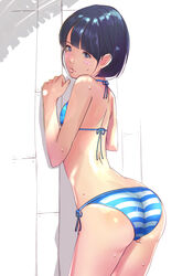  against_wall ass bikini black_eyes black_hair blue_bikini commentary_request cowboy_shot female from_behind iwanishi lips looking_at_viewer looking_back original photoshop_(medium) side-tie_bikini_bottom solo standing striped_bikini striped_clothes swimsuit 