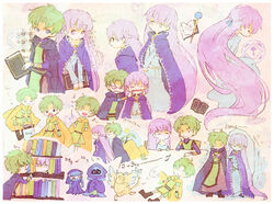  2boys ^_^ absurdly_long_hair angry belt blue_eyes book bookshelf boots braid chibi cloak closed_eyes commentary_request dragon eighth_note fae_(fire_emblem) female fire_emblem fire_emblem:_the_binding_blade frown green_hair kappaman laughing light_purple_hair long_hair looking_at_another lugh_(fire_emblem) mouth_pull multiple_boys musical_note open_mouth own_hands_together purple_eyes raigh_(fire_emblem) robe romaji_text short_hair snow sophia_(fire_emblem) spiked_hair spoken_musical_note staff surprised tabard trembling very_long_hair 