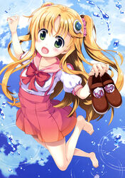  :d absurdres airborne amiami_(company) amico arms_up barefoot blonde_hair blue_sky blush body_blush bow bowtie breasts brown_footwear cloud cloudy_sky collarbone day female fujima_takuya full_body green_eyes hair_ornament hair_ribbon high-waist_skirt highres holding holding_clothes holding_footwear jumping leg_up logo_hair_ornament long_hair looking_at_viewer mary_janes medium_breasts nail_polish official_art open_mouth outdoors pink_bow pink_bowtie pink_lips pink_nails pink_ribbon pink_sailor_collar pink_skirt pleated_skirt polka_dot polka_dot_ribbon puffy_short_sleeves puffy_sleeves reflection ribbon ripples sailor_collar scan school_uniform shirt shoes short_sleeves skirt sky smile socks solo suspender_skirt suspenders tongue two_side_up unworn_legwear unworn_shoes water water_drop white_polka_dots white_shirt white_socks 