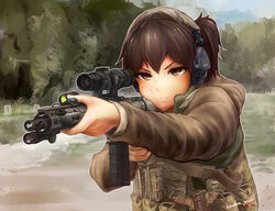  aiming alternate_costume ar-15 assault_rifle bad_id bad_pixiv_id brown_eyes brown_hair c-clamp camouflage chris_costa commentary ear_protection english_commentary female flashlight genso gun headset kaga_(kancolle) kantai_collection leupold_optics load_bearing_vest magpul military_operator parody real_life rifle scope short_hair side_ponytail solo weapon 