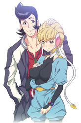  1boy adelie_(space_dandy) aged_up akihazama bad_id bad_pixiv_id black_hair blonde_hair breasts commentary_request dandy_(space_dandy) female highres large_breasts long_hair md5_mismatch photoshop_(medium) pompadour resolution_mismatch smile space_dandy 