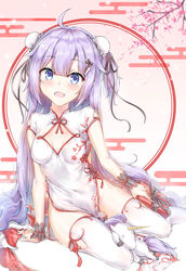  ahoge arm_warmers azur_lane black_ribbon blush box branch breasts bun_cover china_dress chinese_clothes commentary double_bun dress egasumi female flower gift gift_box hair_between_eyes hair_bun highres holding holding_gift long_hair looking_at_viewer official_alternate_costume pelvic_curtain pink_flower purple_eyes purple_hair ribbon short_sleeves small_breasts solo stuffed_animal stuffed_toy stuffed_winged_unicorn thighhighs thighs unicorn_(azur_lane) unicorn_(the_gift_of_spring)_(azur_lane) very_long_hair white_dress white_thighhighs wrist_cuffs xin_(zinc) 