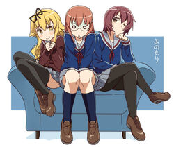  3girls armchair black_legwear blonde_hair blue_legwear blush brown_eyes brown_hair chair character_name commentary_request crossed_legs girl_sandwich glasses grey_skirt hand_on_own_head kashima_nadeshiko knees_together_feet_apart legs_folded long_hair mikakunin_de_shinkoukei multiple_girls o_o one_eye_closed open_mouth own_hands_together pantyhose sandwiched school_uniform semi-rimless_eyewear serafuku short_hair sitting skirt sleeves_past_wrists smile socks suetsugi_konoha thighhighs tsuchinoko_(muni_muni) under-rim_eyewear yellow_eyes yonomori_benio zettai_ryouiki 