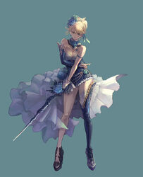  armlet asymmetrical_clothes bad_id bad_pixiv_id bare_shoulders blonde_hair blue_eyes breasts cleavage contrapposto deba detached_collar dress earrings female flower full_body gloves green_background hair_between_eyes hair_flower hair_ornament high_heels highres holding holding_sword holding_weapon jewelry left-handed legs medium_breasts original photoshop_(medium) short_dress showgirl_skirt simple_background single_glove single_sleeve single_thighhigh solo standing strapless strapless_dress sword thighhighs weapon 