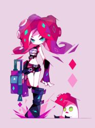  amakusa_(hidorozoa) aqua_eyes armor belt bike_shorts black_footwear black_shorts boots female fingerless_gloves full_body gloves holding holding_weapon looking_at_viewer midriff no_mouth octoling octoling_player_character octoshot_(splatoon) red_hair short_hair shorts splatoon_(series) standing standing_on_one_leg takozonesu tentacle_hair weapon 