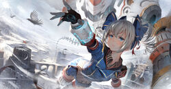  bird blue_eyes blue_skirt blurry bow bronya_zaychik bronya_zaychik_(valkyrie_chariot) building castle cloud cloudy_sky commentary_request day depth_of_field drill_hair feathers feet_out_of_frame female fingerless_gloves flag flying gloves hairbow highres honkai_(series) honkai_impact_3rd jacket looking_at_viewer mecha medium_hair motion_blur outdoors outstretched_arm perspective pleated_skirt project_bunny puffy_short_sleeves puffy_sleeves robot scenery serious short_sleeves skirt sky solo thighhighs toriumi_harumi twin_drills twintails v-shaped_eyebrows white_hair wind wing_collar zettai_ryouiki 