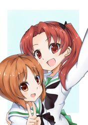  2girls absurdres arm_around_shoulder black_neckerchief black_ribbon blouse brown_eyes brown_hair commentary_request girls_und_panzer hair_ribbon highres kadotani_anzu long_hair long_sleeves looking_at_viewer multiple_girls neckerchief nishizumi_miho ooarai_school_uniform open_mouth parted_bangs portrait pose reaching reaching_towards_viewer ribbon school_uniform selfie serafuku shirt short_hair smile standing toon_(noin) twintails v white_shirt 