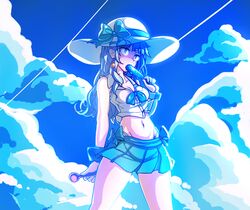  aduare bad_id bad_pixiv_id blouse blue_eyes blue_hair buttons cloud cloudy_sky crop_top crusaders_quest day earrings female food hat highres jewelry looking_away maria_(crusaders_quest) midriff miniskirt popsicle ribbon shirt skirt sky solo spoon 