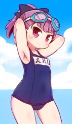  armpits arms_behind_head arms_up ass_visible_through_thighs blue_sky closed_mouth cloud commentary_request covered_navel cowboy_shot day fate/grand_order fate_(series) female goggles goggles_on_head helena_blavatsky_(fate) helena_blavatsky_(swimsuit_archer)_(fate) helena_blavatsky_(swimsuit_archer)_(first_ascension)_(fate) highres horizon looking_at_viewer naga_u name_tag ocean one-piece_swimsuit outdoors ponytail purple_eyes purple_hair school_swimsuit short_hair sky smile solo standing swimsuit 