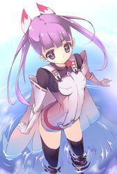  akesaka_iku breasts cape commentary_request female komadori_renge long_hair purple_eyes purple_hair ripples sekai_seifuku:_bouryaku_no_zvezda small_breasts smile solo thighhighs twintails water white_robin 