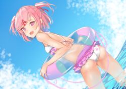  :d ass bikini blue_sky breasts cloud commentary day doki_doki_literature_club dutch_angle english_commentary female frilled_bikini frills from_behind hair_ribbon innertube looking_at_viewer looking_back natsuki_(doki_doki_literature_club) oerba_yun_fang open_mouth outdoors pink_eyes pink_hair red_ribbon ribbon short_hair sky small_breasts smile solo swim_ring swimsuit two_side_up wading water white_bikini xhunzei 