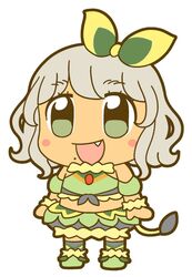  :d bkub blush_stickers bow crop_top female full_body fur_trim green_bow green_eyes green_footwear green_shirt green_skirt grey_hair hairbow kemono_friends kemono_friends_pavilion lion_tail midriff mole mole_under_mouth multicolored_bow no_nose oerba_yun_fang open_mouth parody pretty_series pripara shirt short_hair sidelocks simple_background skirt sleeveless sleeveless_shirt smile solo style_parody tail taiyo_pepper tan white_background yellow_bow 