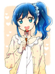  aikatsu! aikatsu!_(series) alternate_costume blue_eyes blue_hair commentary_request female food fork fruit hair_ribbon kiriya_aoi long_hair open_mouth ribbon side_ponytail smile solo strawberry yuzucky 